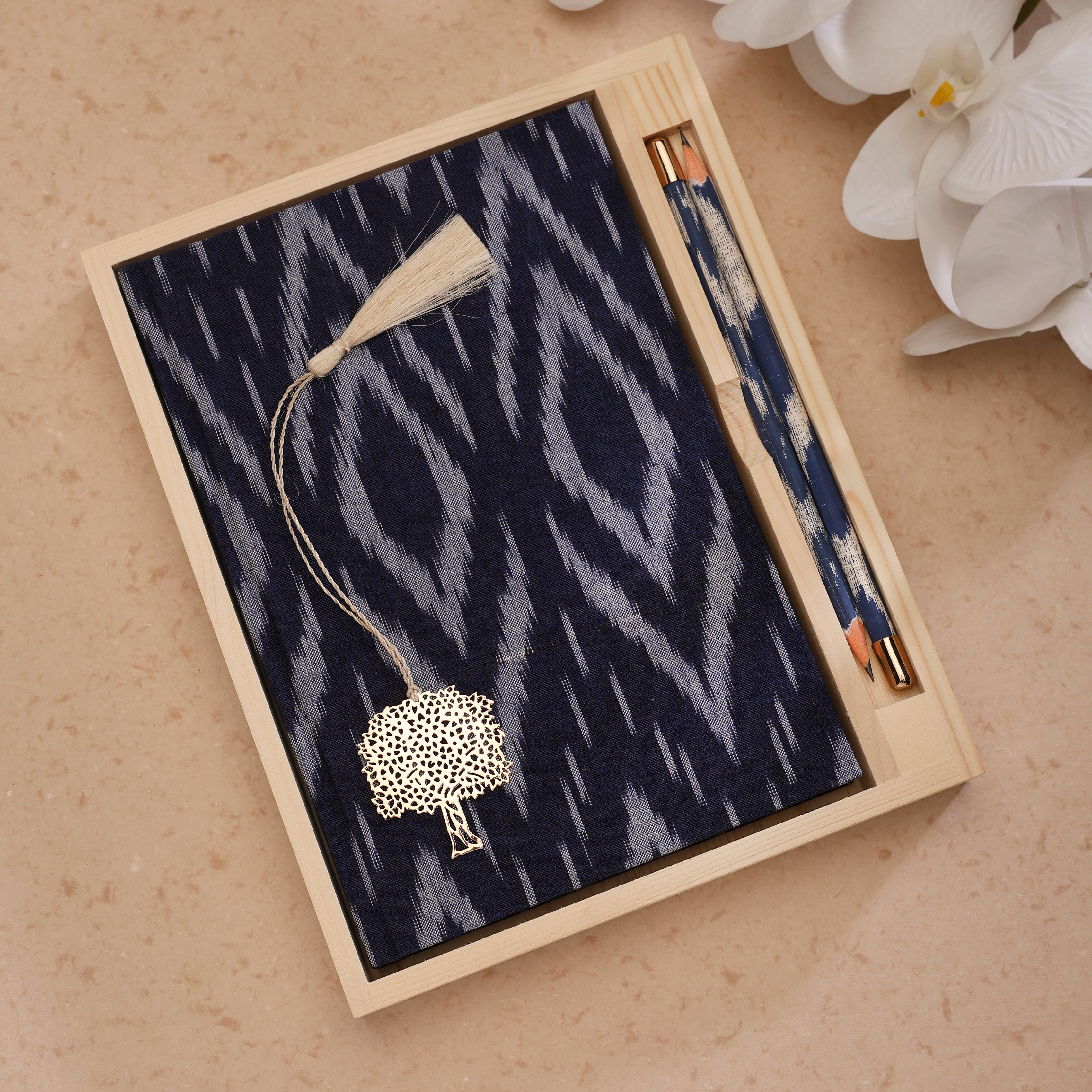 Journal Indigo & Pencil Set - Ikat Design Large