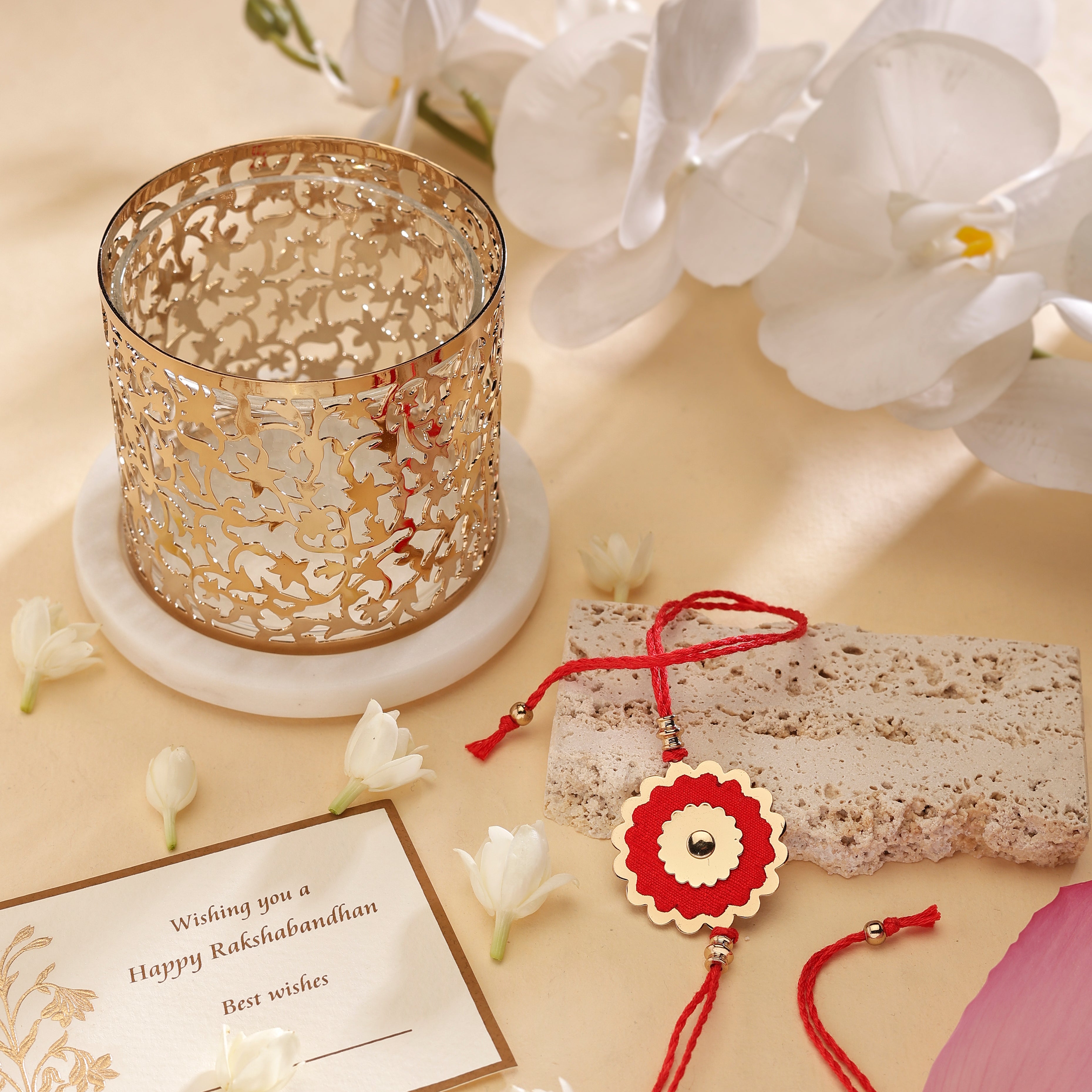 Rakhi Gift Box - Brass Tealight & Marble Base
