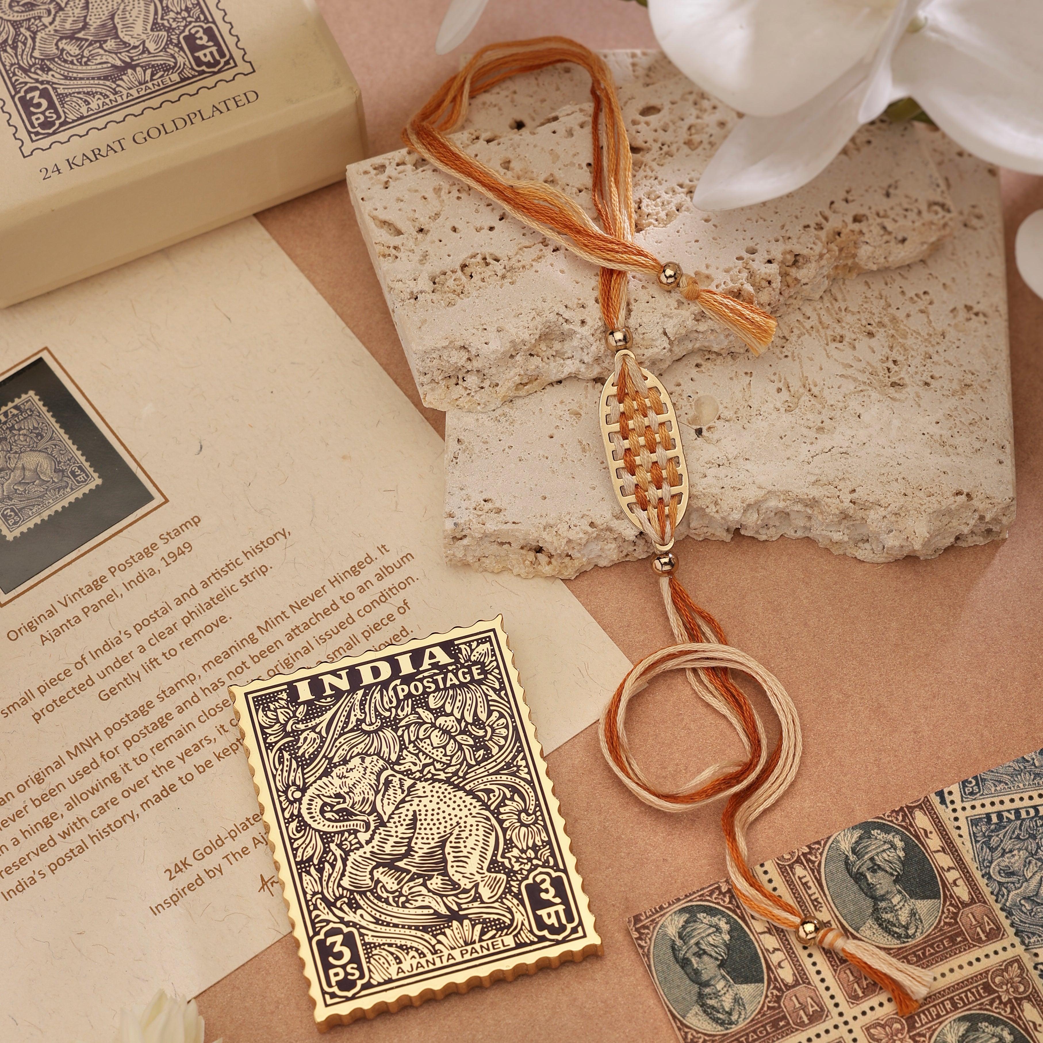 Rakhi Gift Box - Ajanta Panel Paperweight - Goldplated