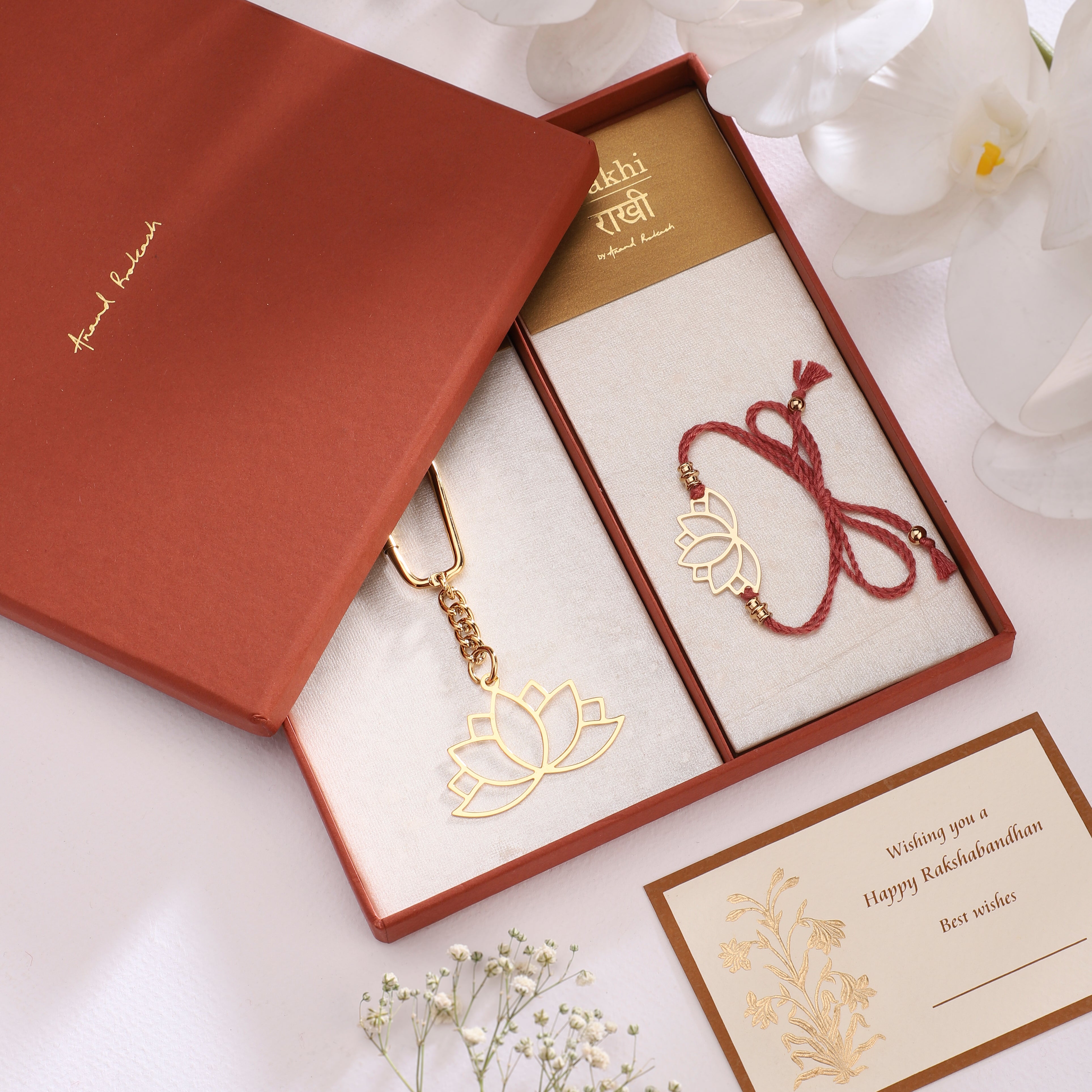 Rakhi Gift Box - Goldplated Keychain Lotus | Anand Prakash