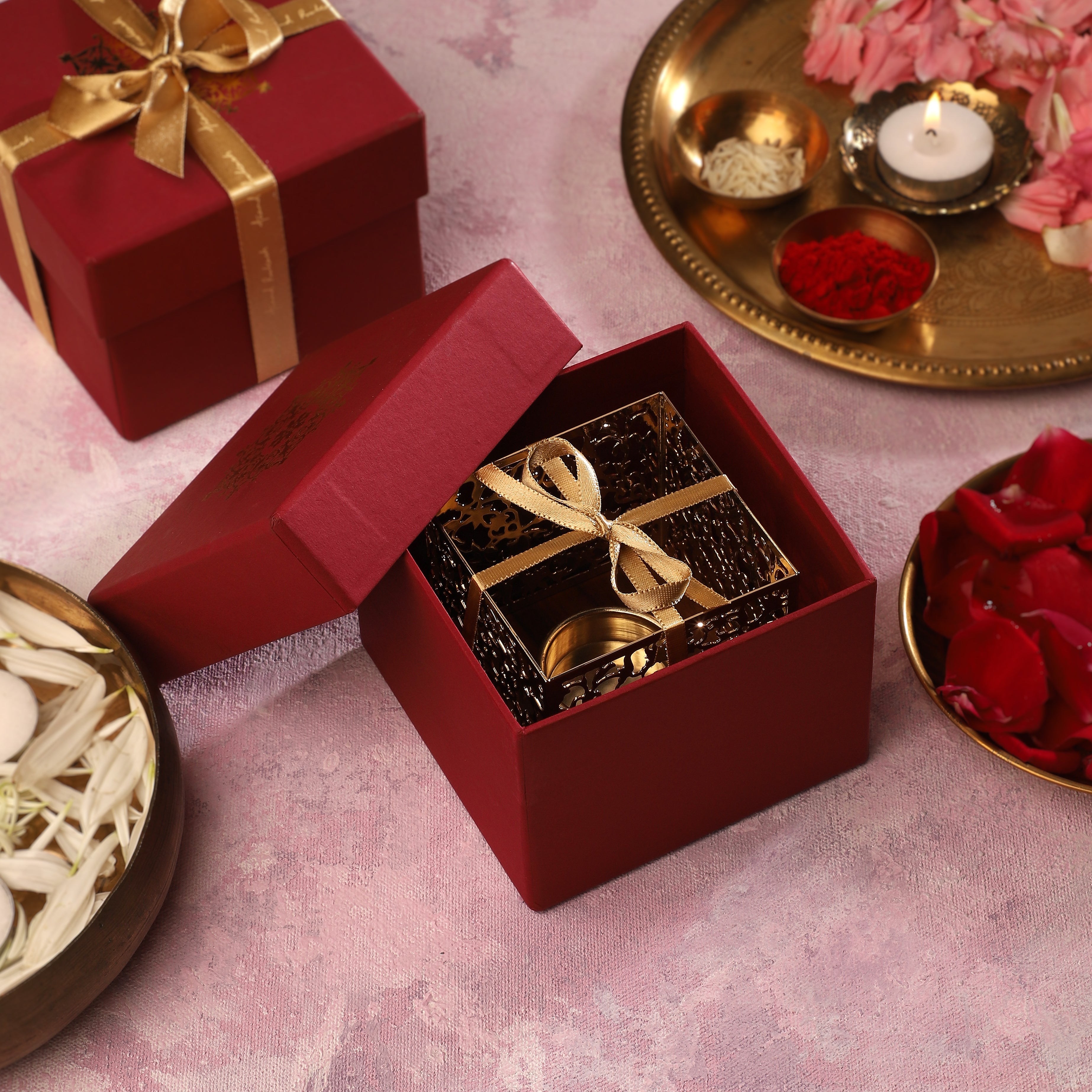 Square Taj Mahal Tea Light Holder - Teak & Brass | Anand Prakash