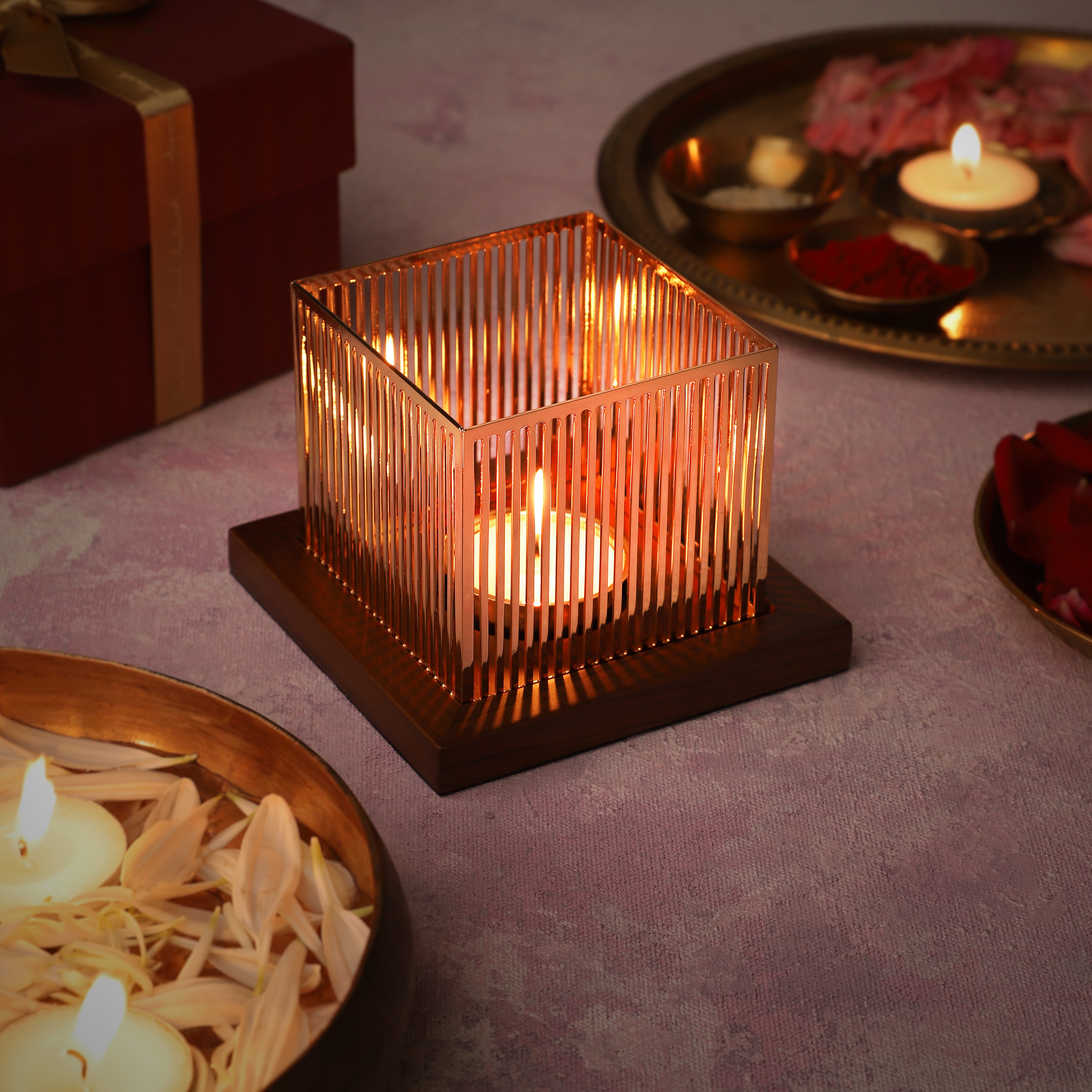 Square Lines Tea Light Holder - Teak & Brass | Anand Prakash