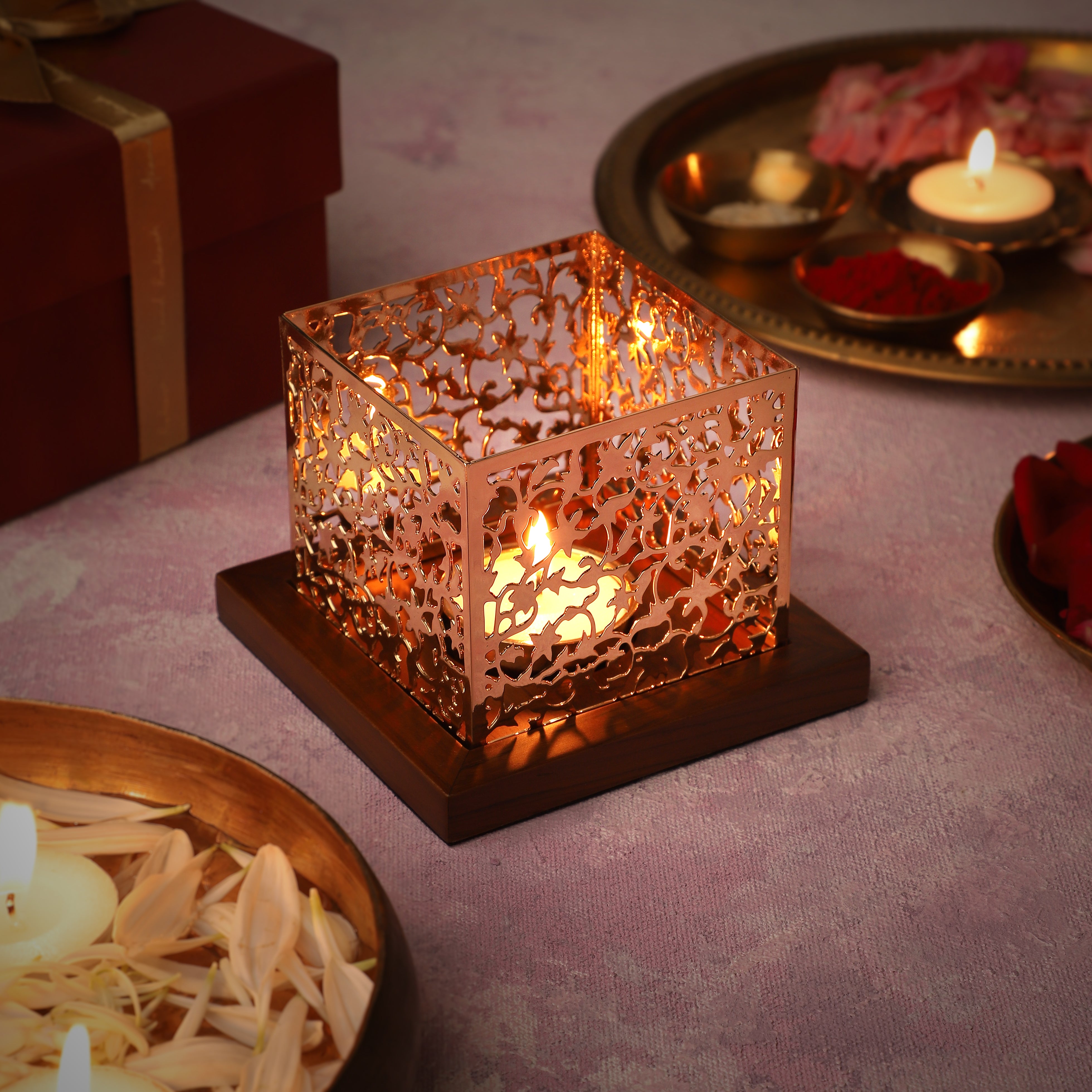 Square Taj Mahal Tea Light Holder - Teak & Brass | Anand Prakash