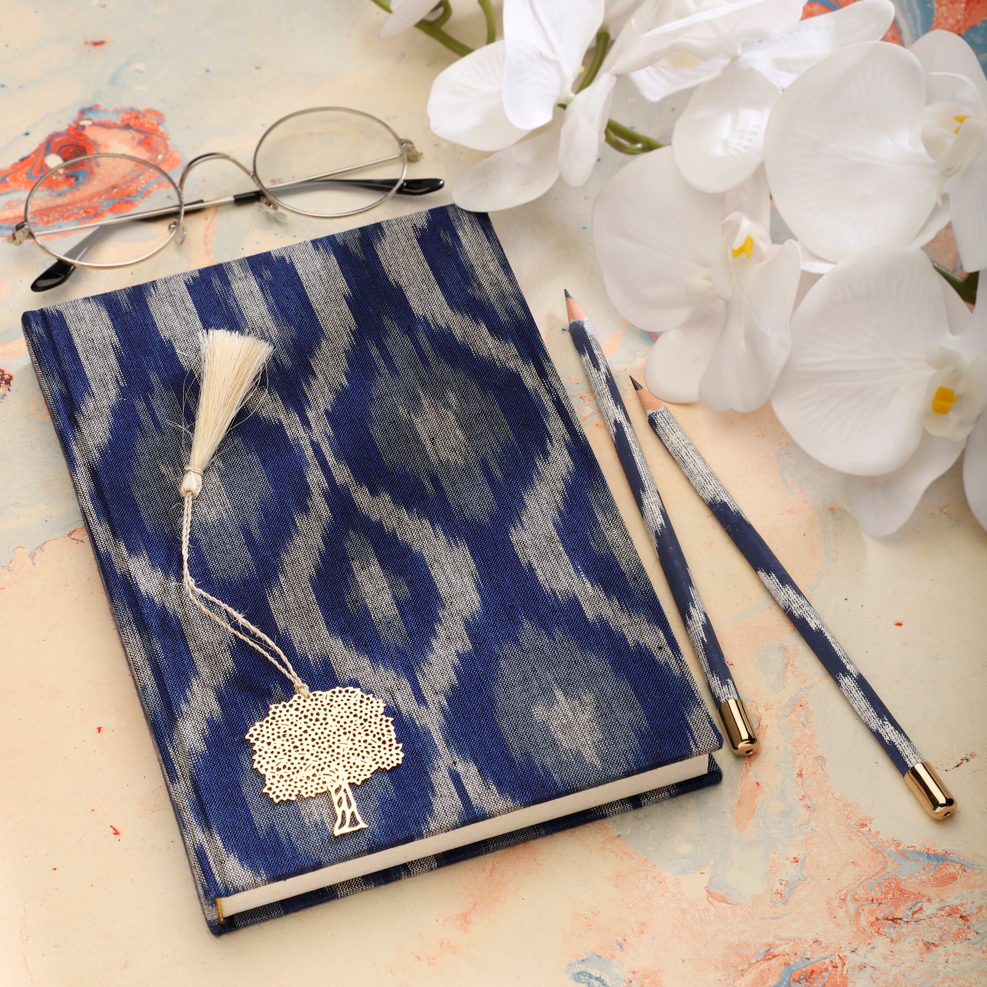 Journal Indigo & Pencil Set - Ikat Design Large