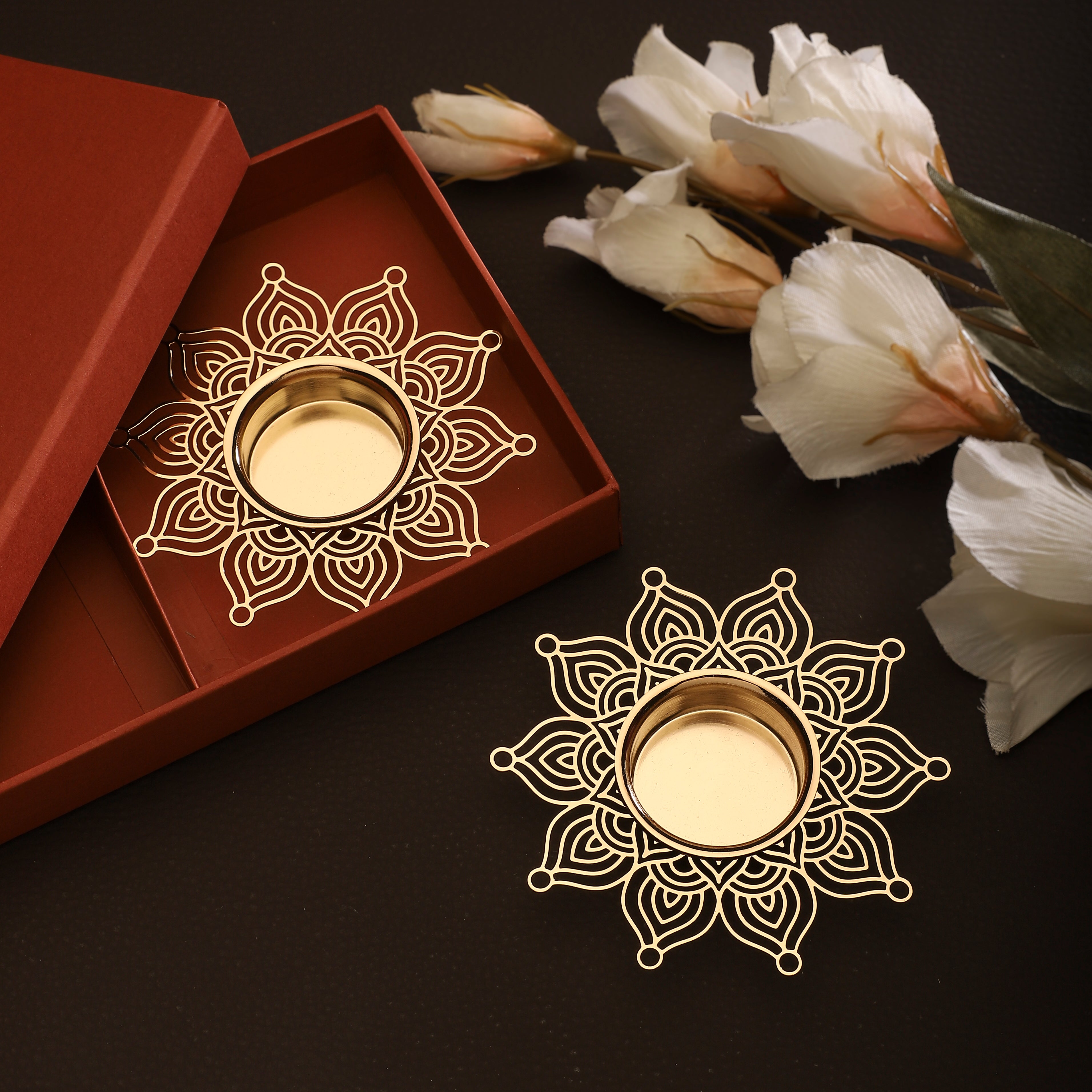 Golden Blossom Tealight Holder - Set of Two | Anand Prakash