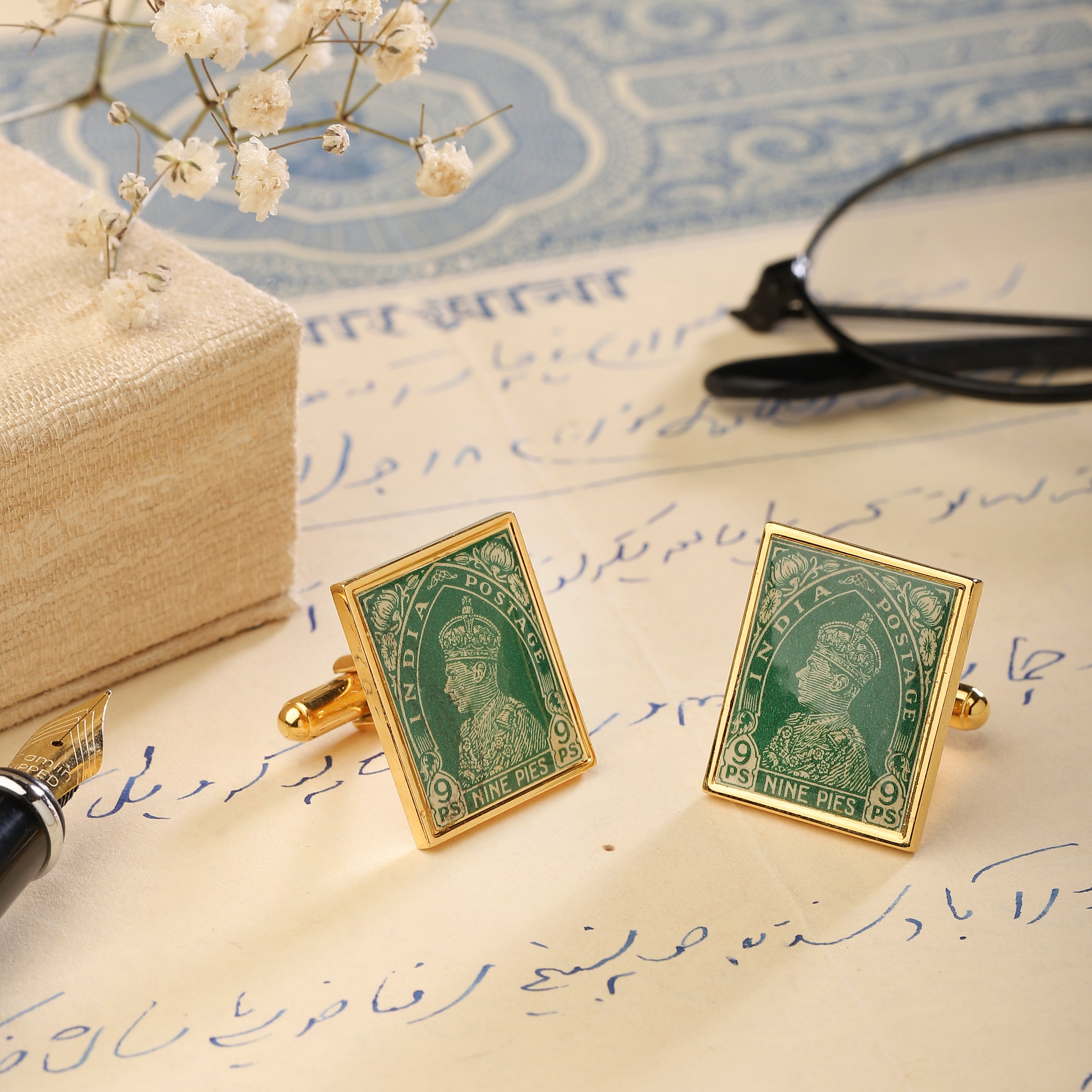 Cufflinks Vintage Stamps  - Square Green | Anand Prakash