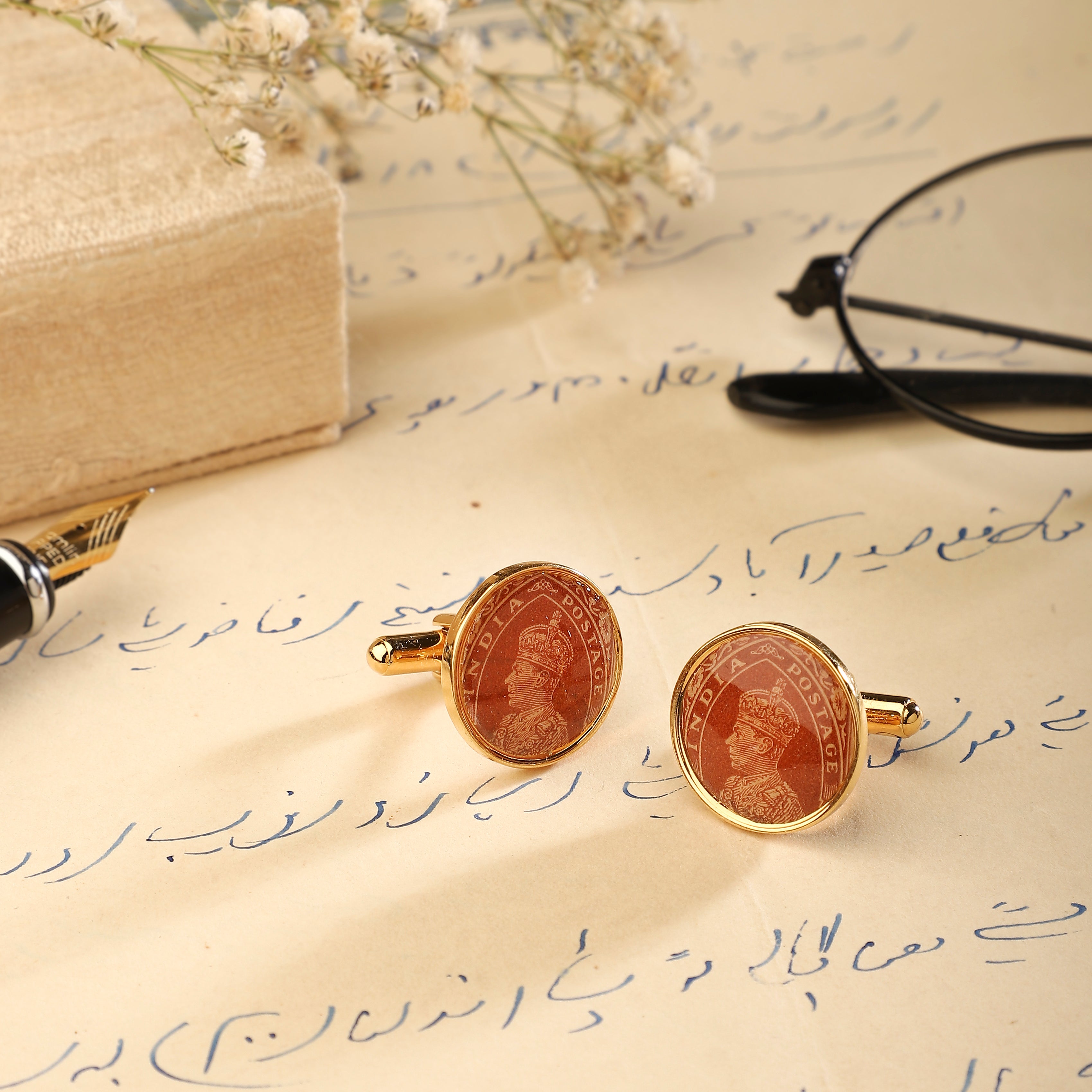Cufflinks Vintage Stamps - Round Brown | Anand Prakash