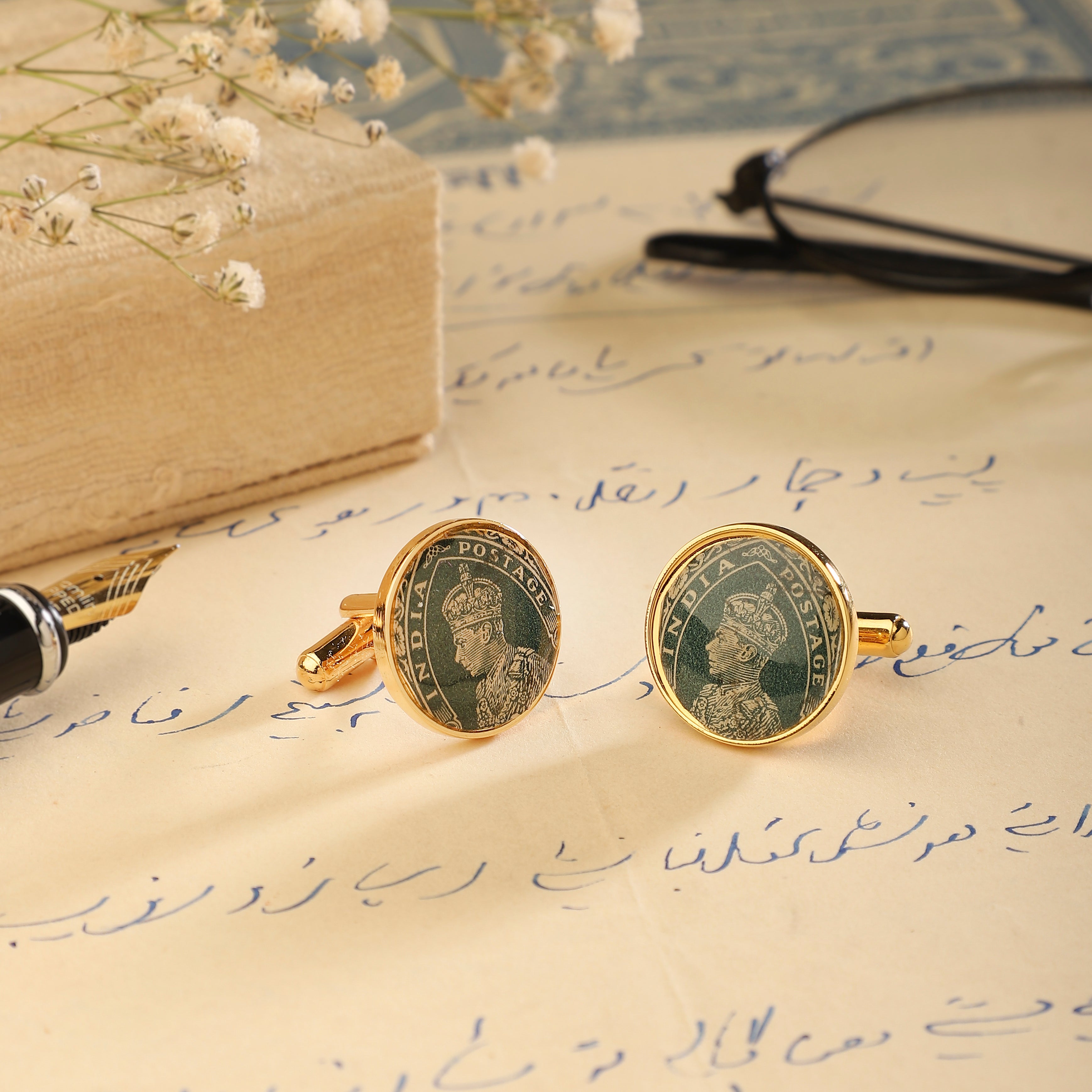 Cufflinks Vintage Stamps - Round Teal | Anand Prakash