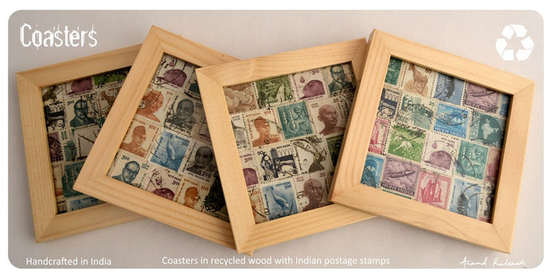 Recycled wood coasters with Indian postage stamps