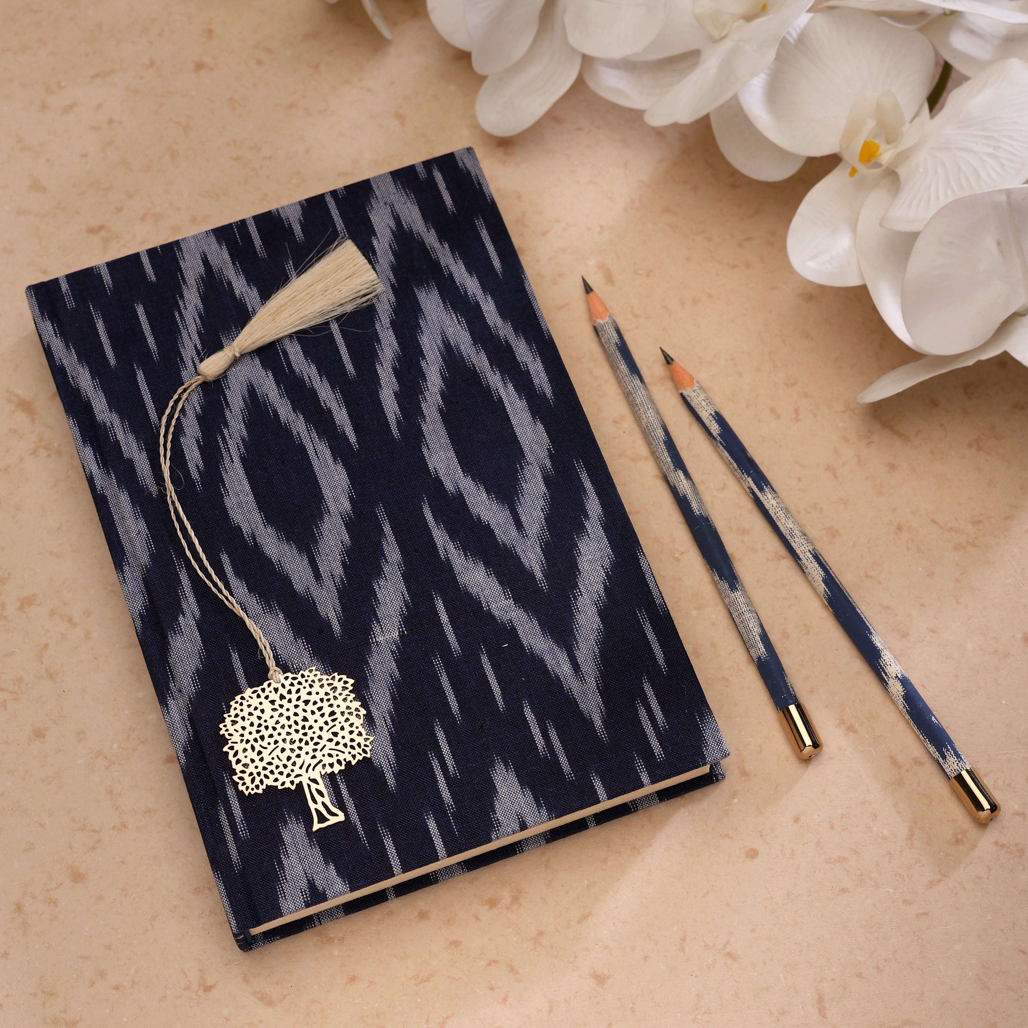 Journal Indigo & Pencil Set - Ikat Design Large