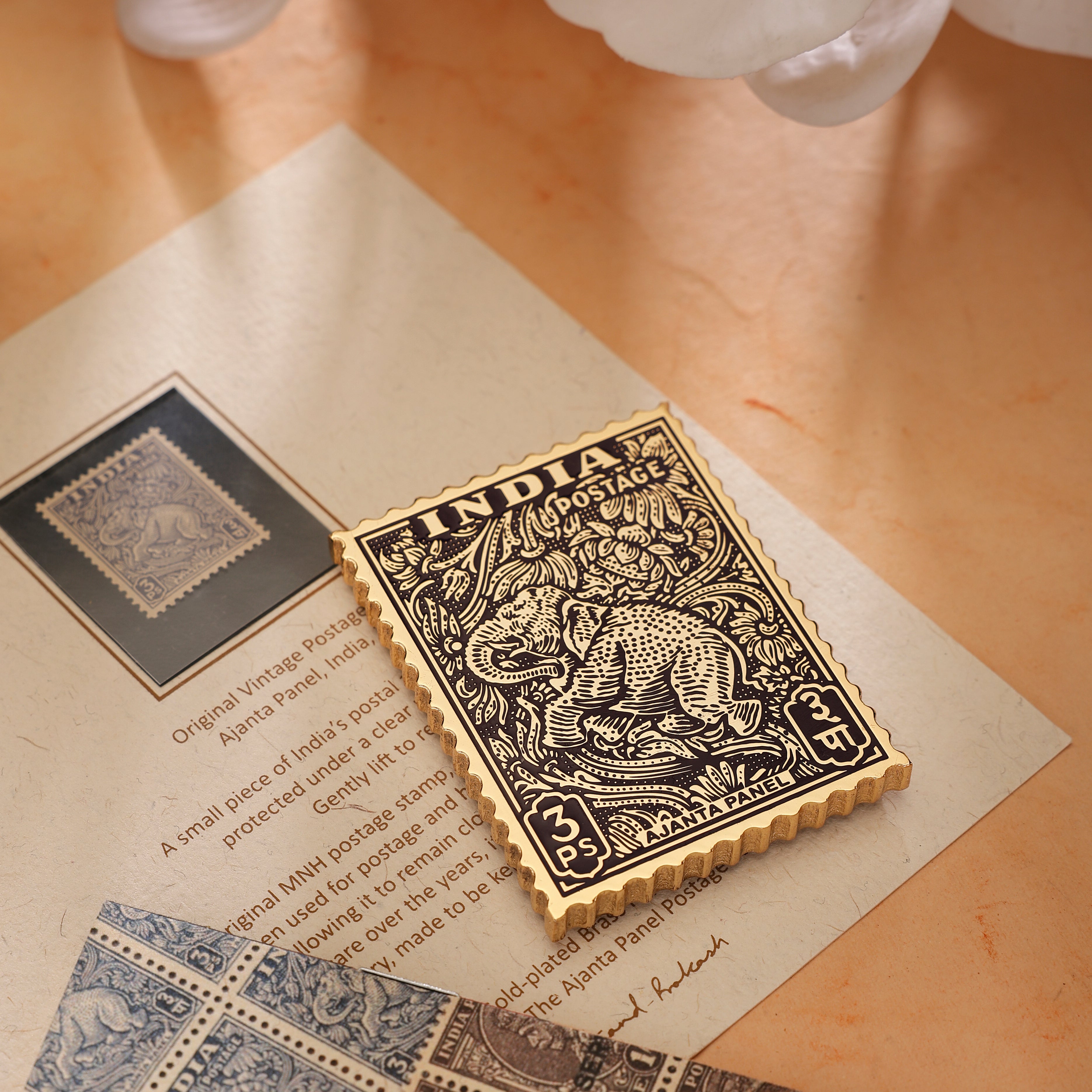 The Philately Paperweight - Ajanta Panel - 24K Goldplated Brass