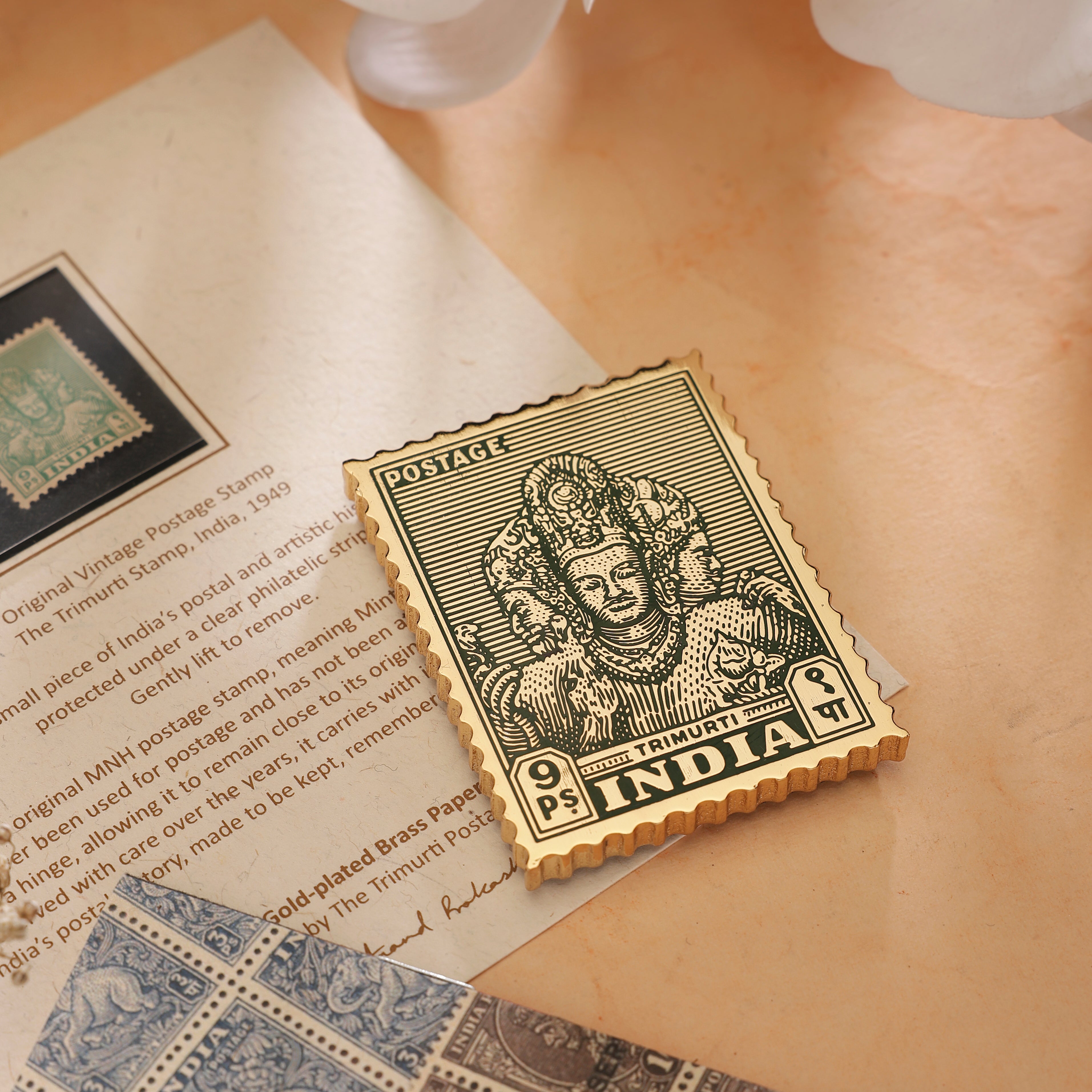 The Philately Paperweight - Trimurti - 24K Goldplated Brass