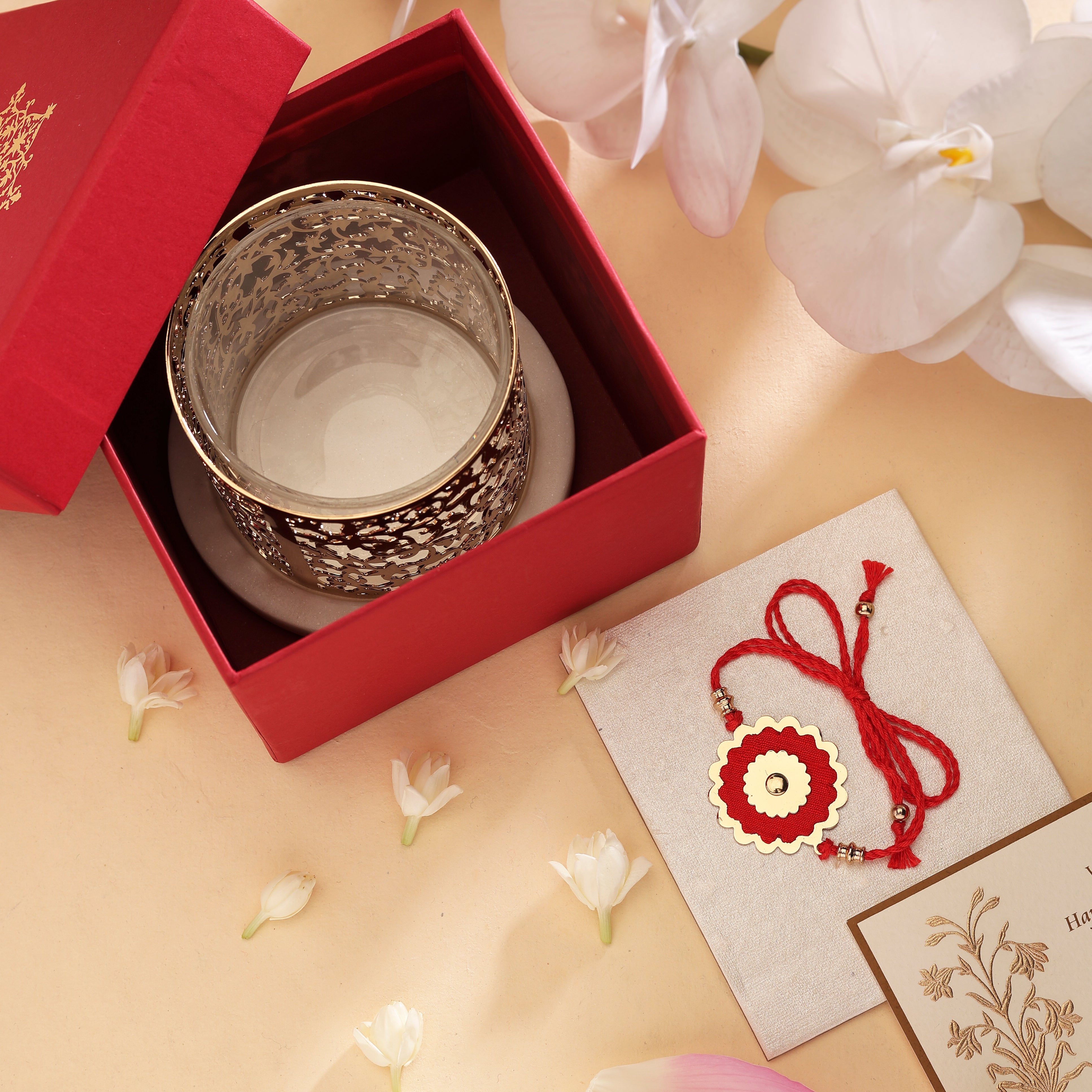 Rakhi Gift Box - Brass Tealight & Marble Base