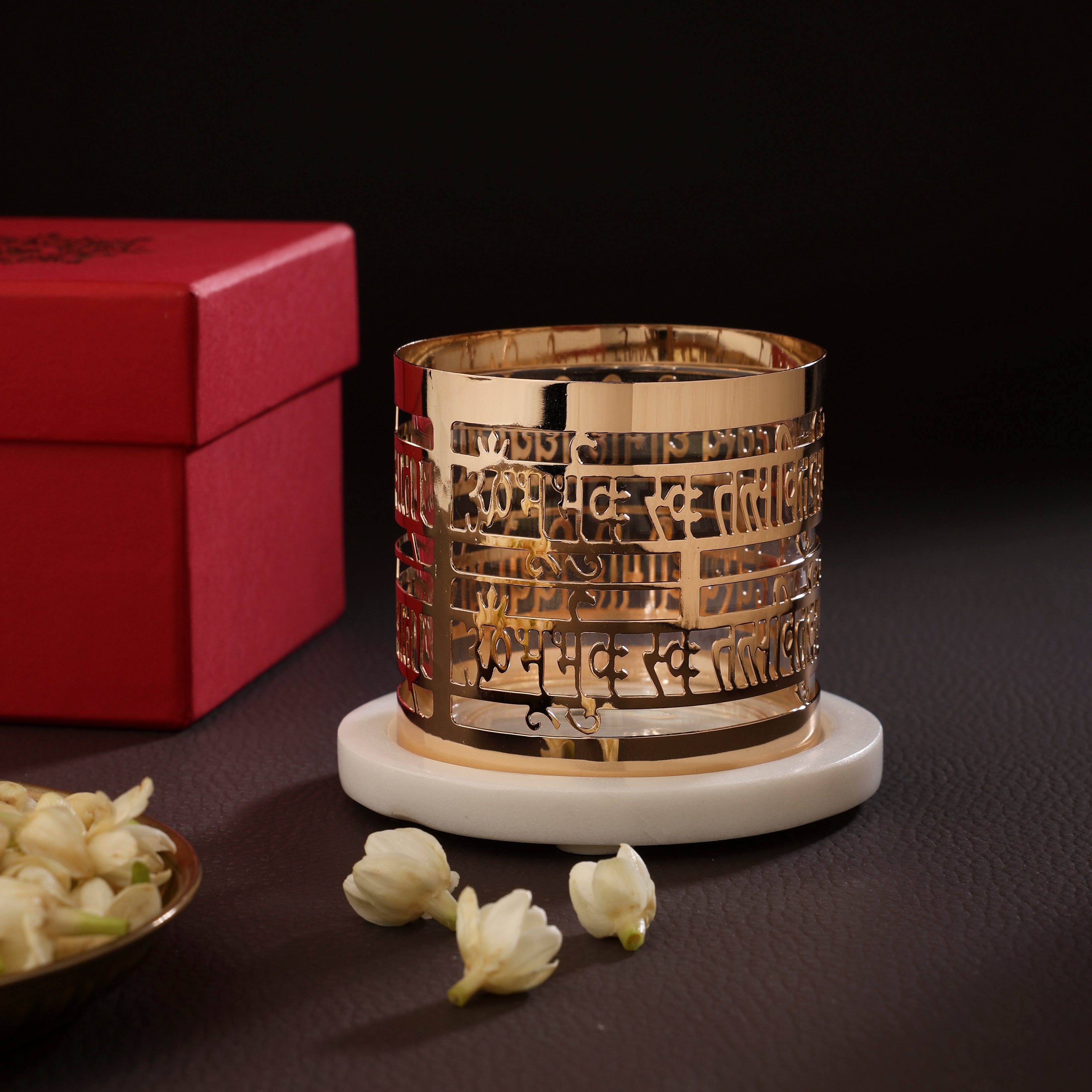 Tea Light Holder Circular Gayatri Mantra - Marble & Brass