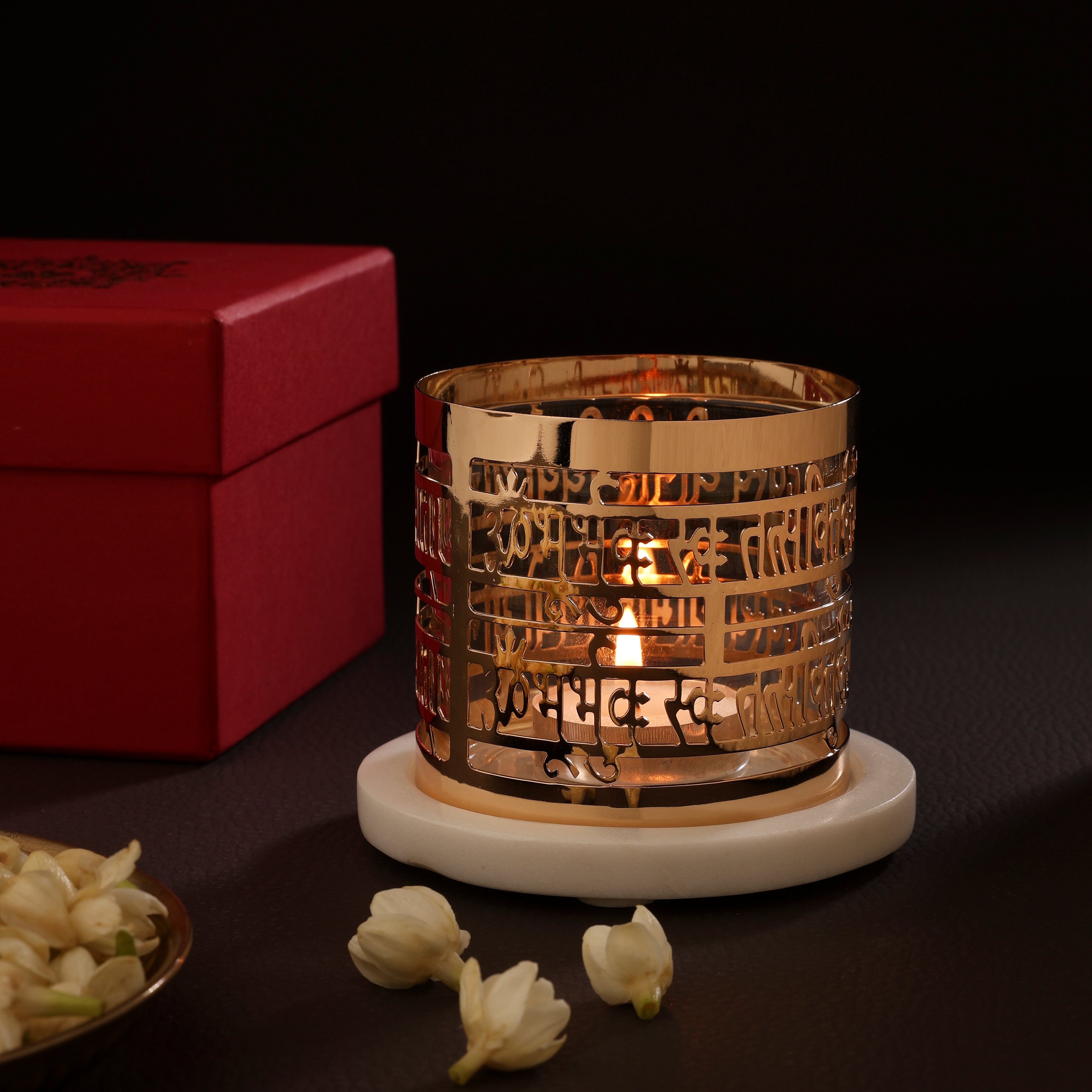 Tea Light Holder Circular Gayatri Mantra - Marble & Brass