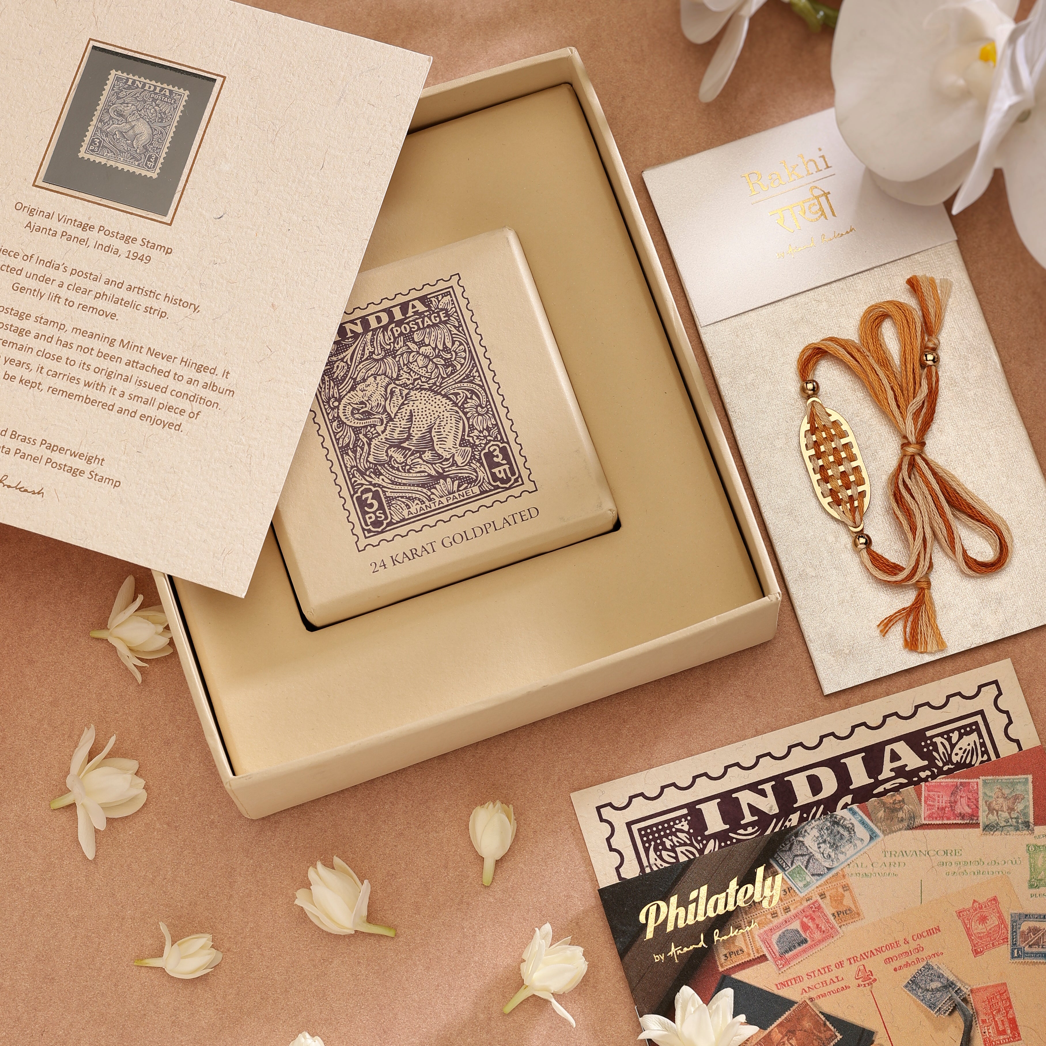 Rakhi Gift Box - Ajanta Panel Paperweight - Goldplated