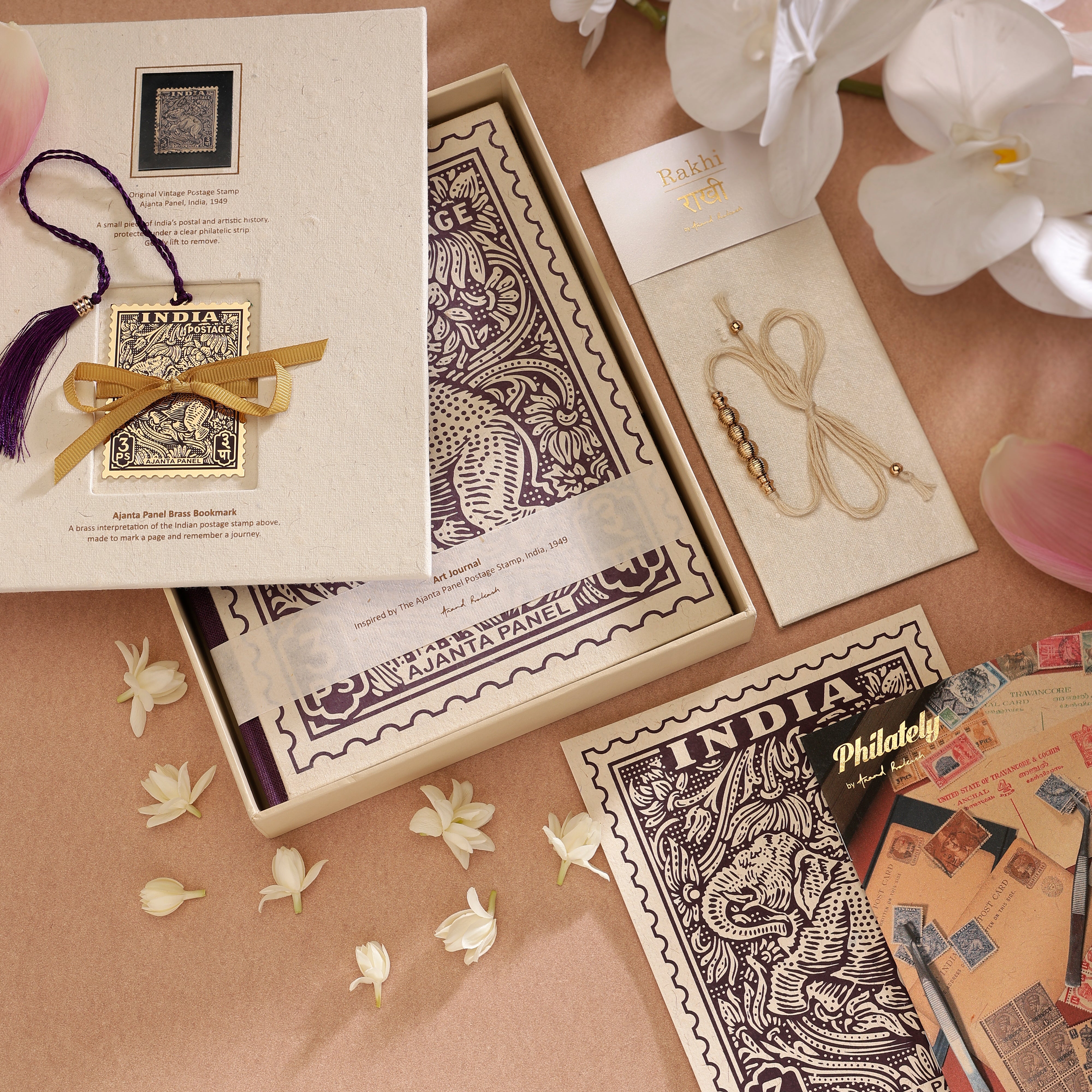 Rakhi Gift Box - Ajanta Panel Philately Set - Journal, Bookmark & Rakhi