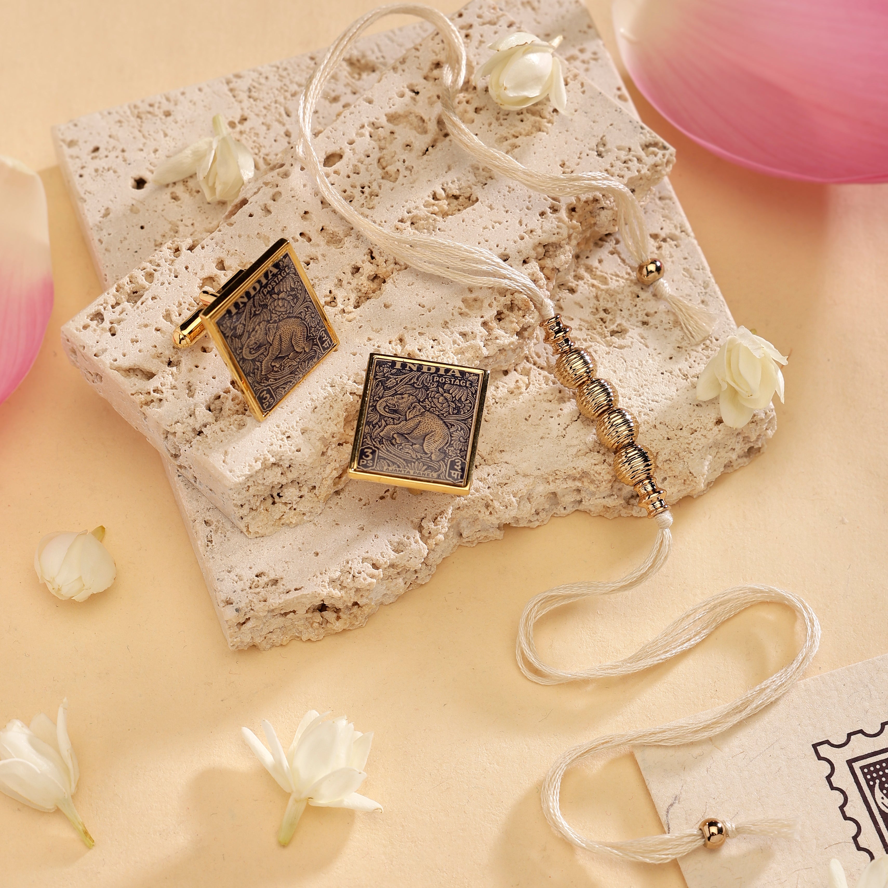 Rakhi Gift Box - Ajanta Panel Stamp Cufflinks - Goldplated