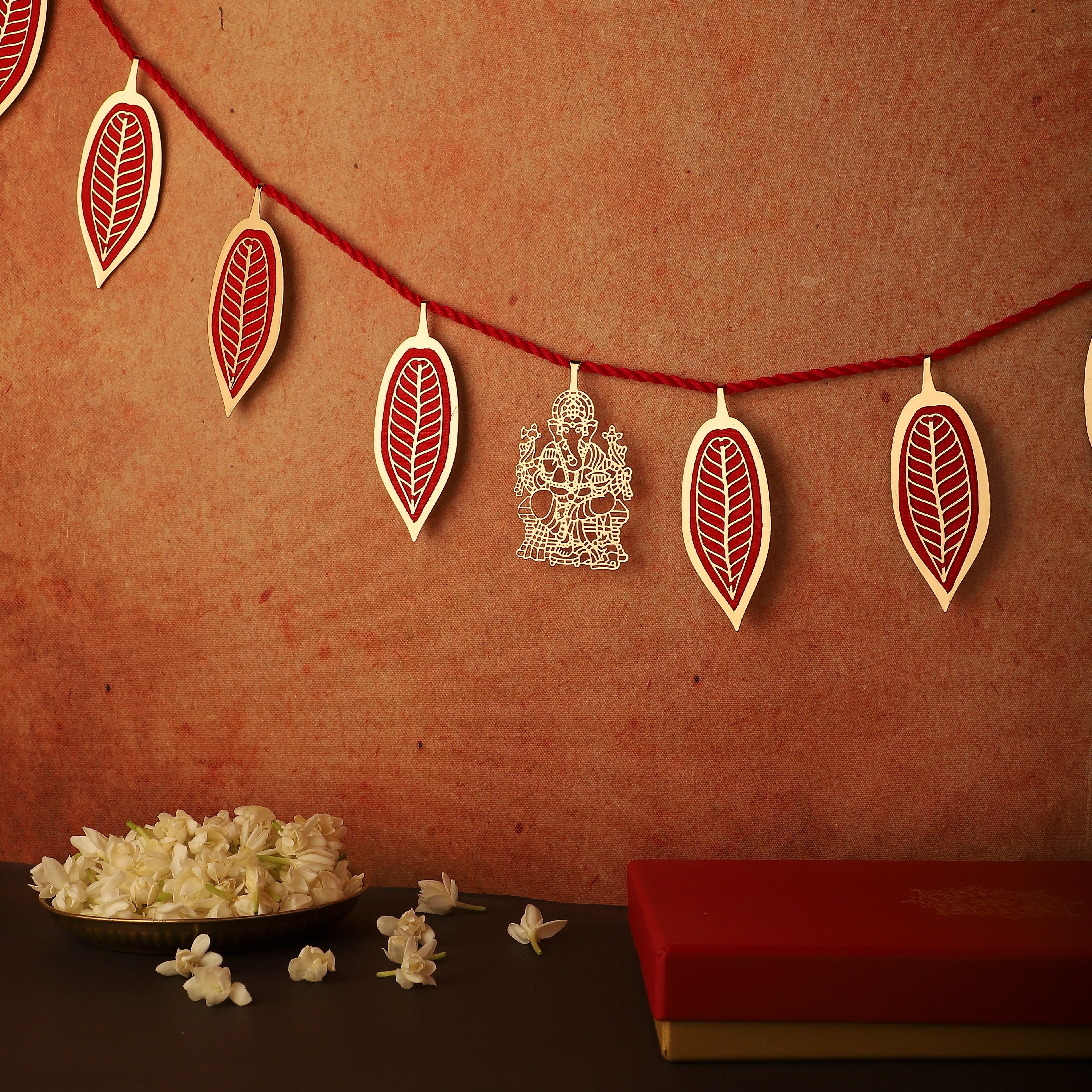 Decorative Door Hanging - Layered Brass And Silk - Red