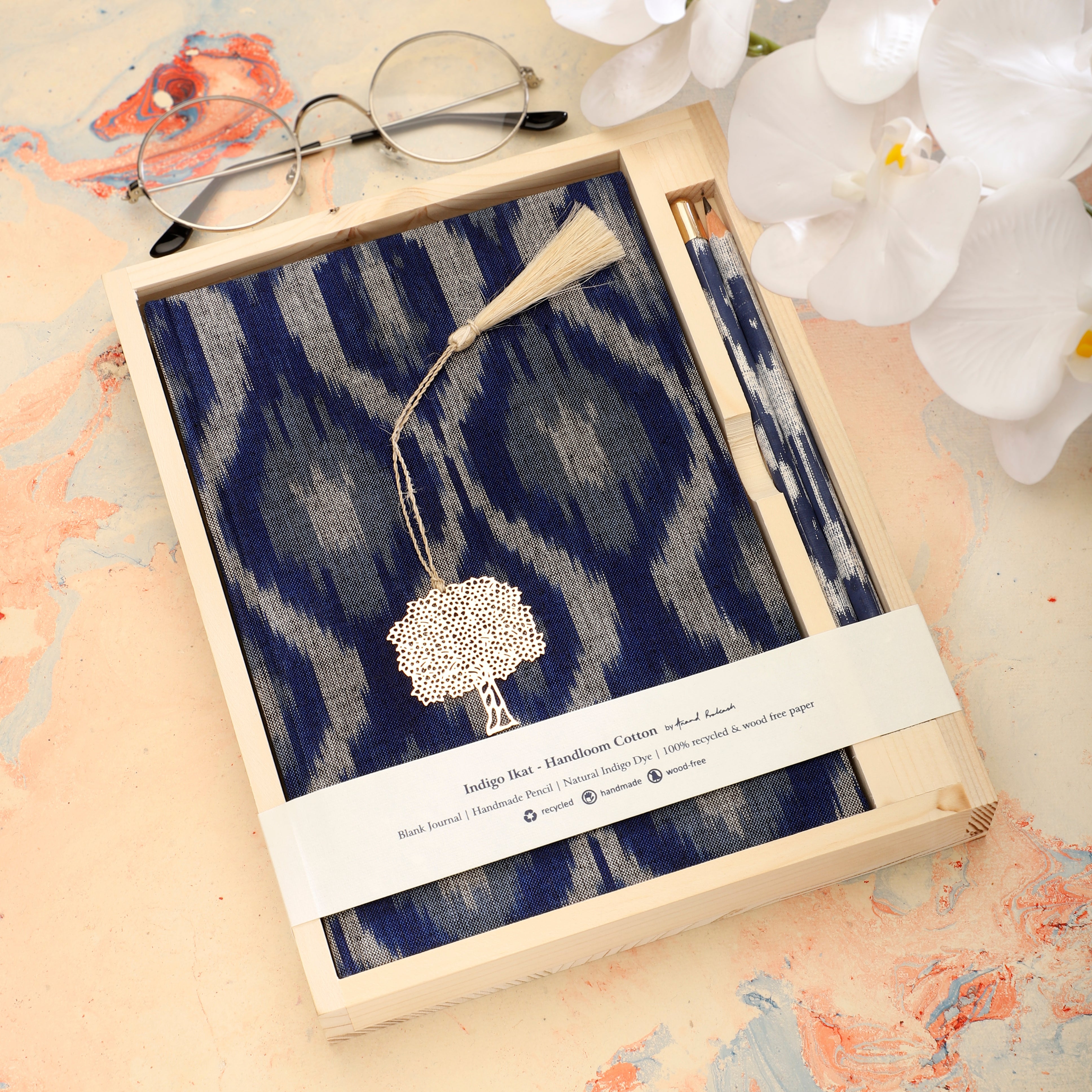 Journal Indigo & Pencil Set - Ikat Design Large