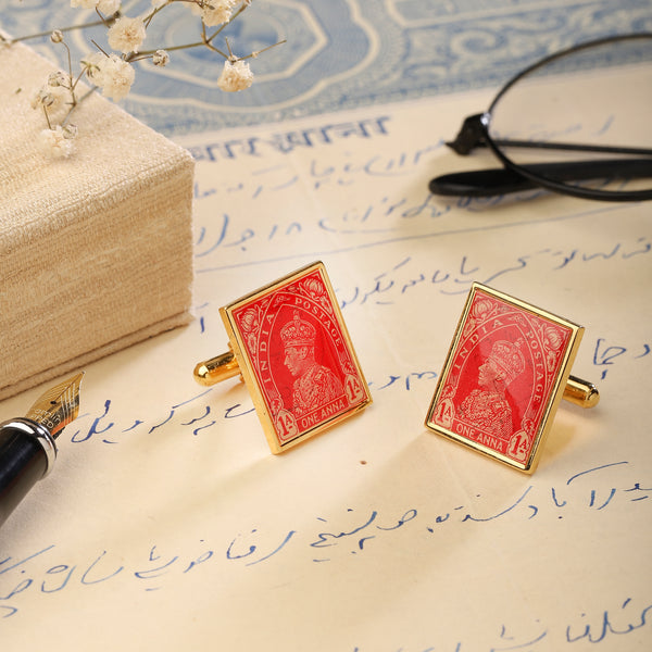 Cufflinks Vintage Stamps  - Square Red