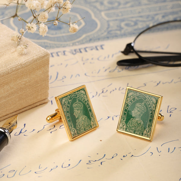 Cufflinks Vintage Stamps  - Square Green