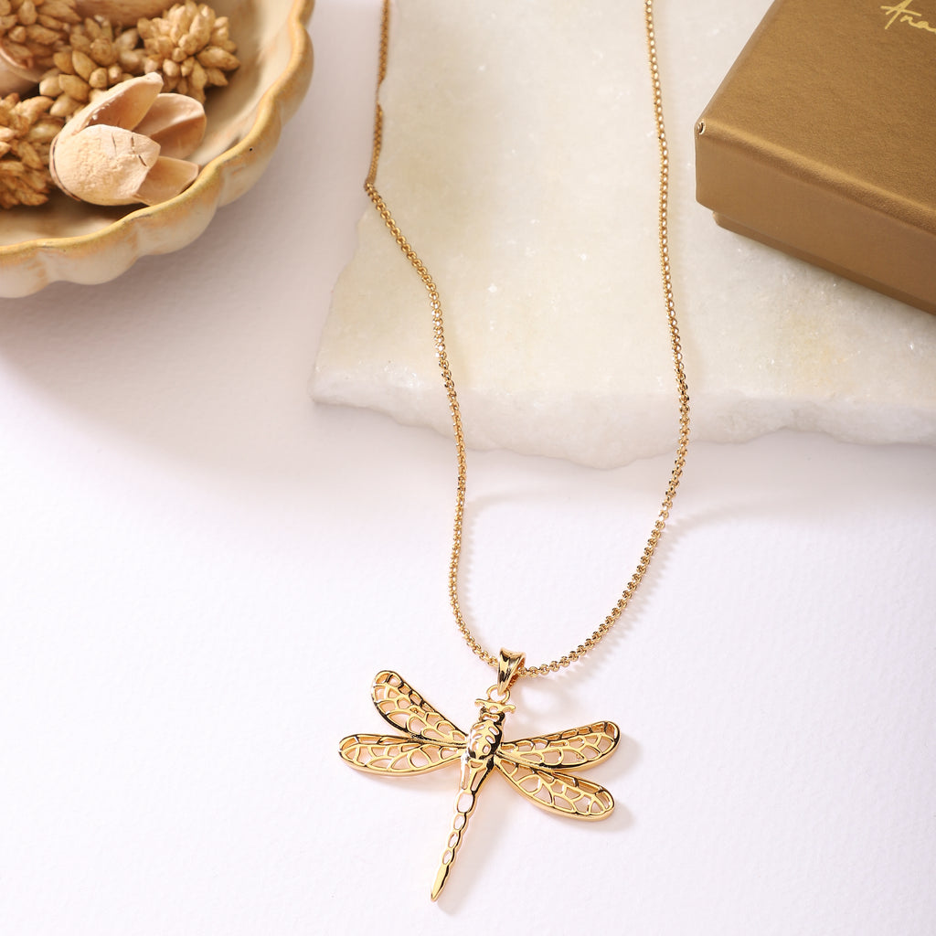 14k Yellow Gold Dragonfly Pendant – Satin & Polished Finish, 21.3x13mm, Nickel-Free & Hypoallergenic